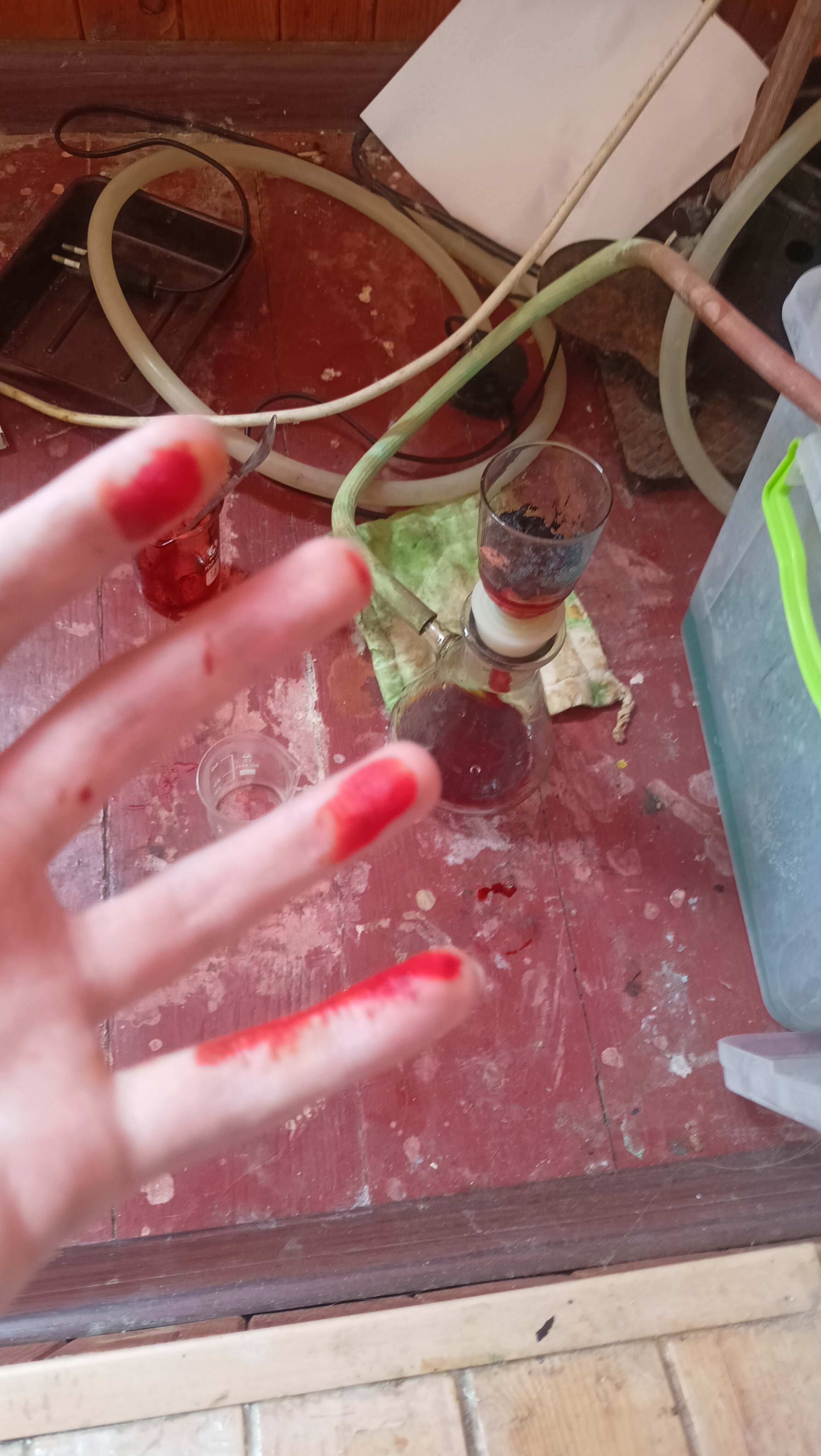 red stains on hands in front of vacuum filter flask